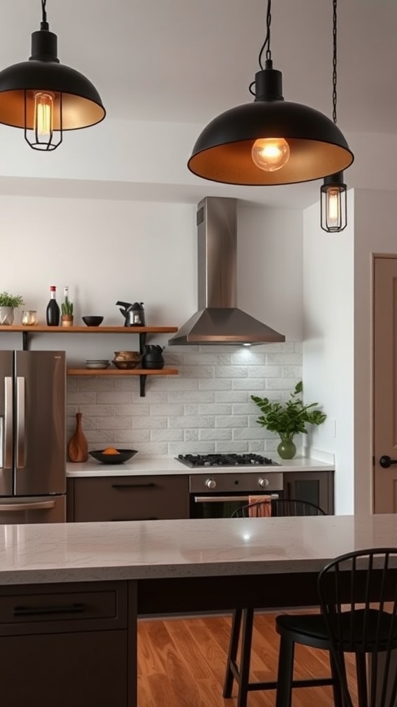 A modern black kitchen featuring artistic lighting fixtures.