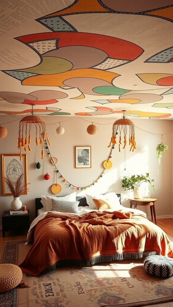 A bohemian bedroom featuring an artistic ceiling design with colorful patterns and cozy decor.