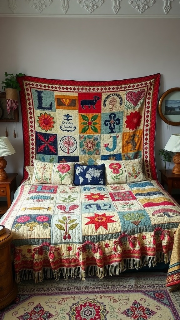 A beautifully patterned quilt displayed on a bed, showcasing a mix of floral and geometric designs.