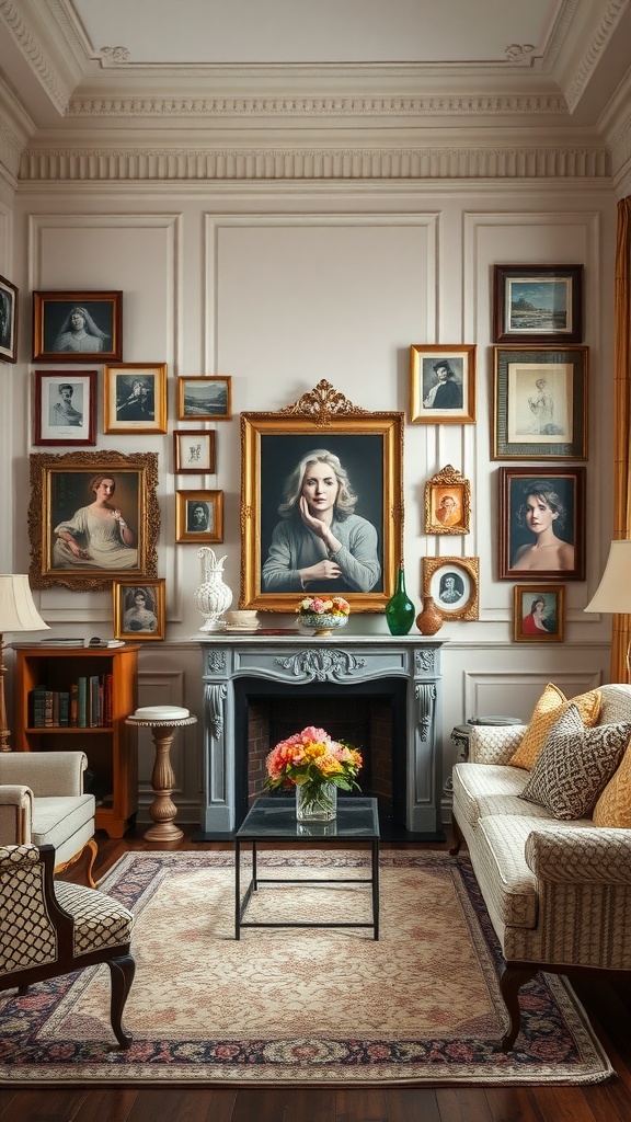 A Victorian living room featuring a gallery wall of framed portraits and art.