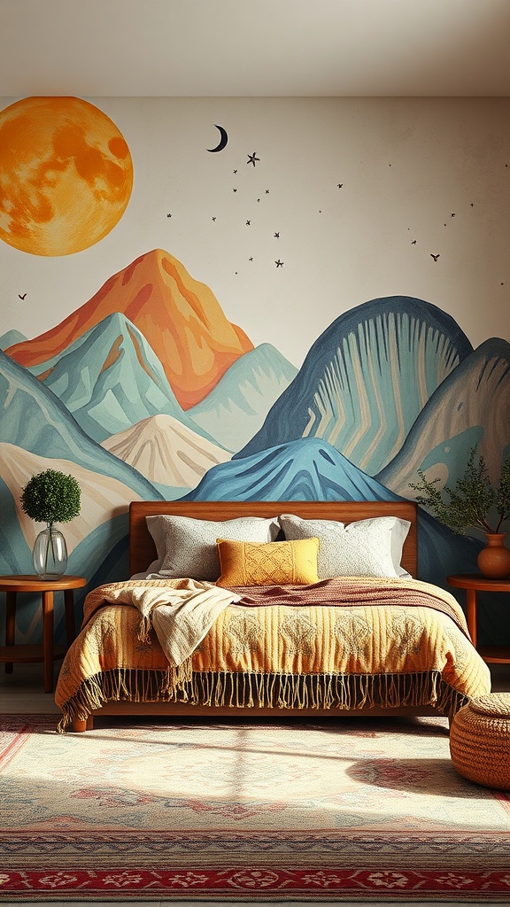 A cozy bedroom featuring a large artistic mural of mountains and celestial elements.