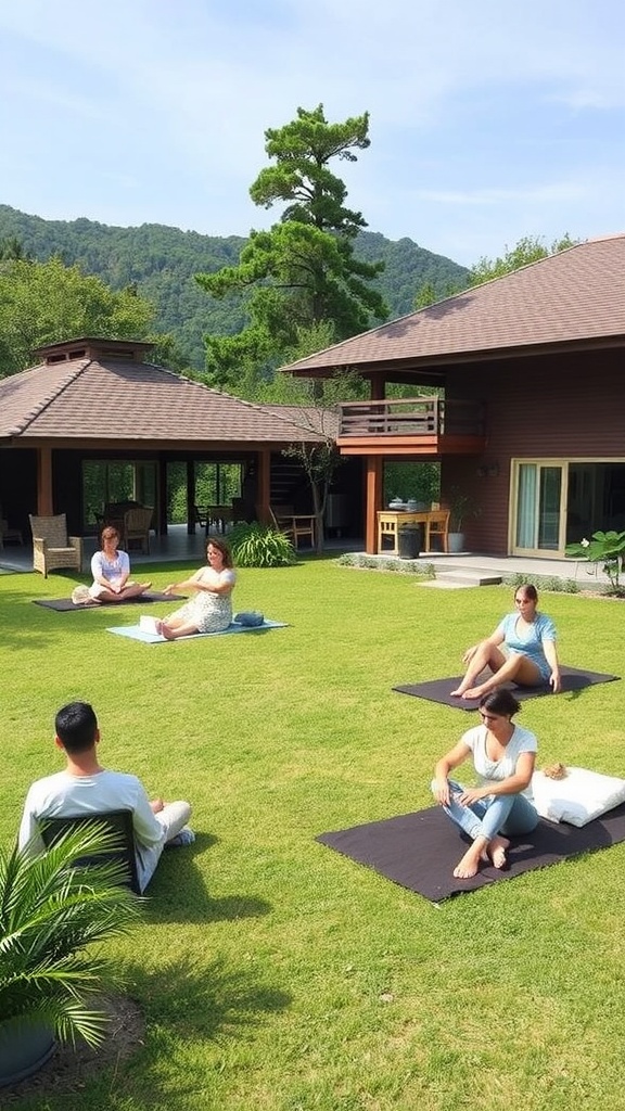 Participants practicing mindfulness in a serene outdoor setting during a wellness retreat.