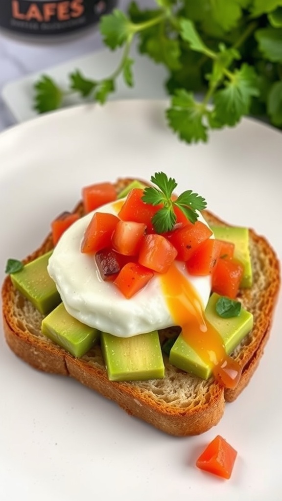 Avocado toast topped with a poached egg and fresh salsa on a plate.