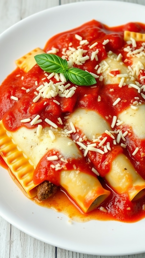 A plate of baked beef and cheese ravioli with marinara sauce.