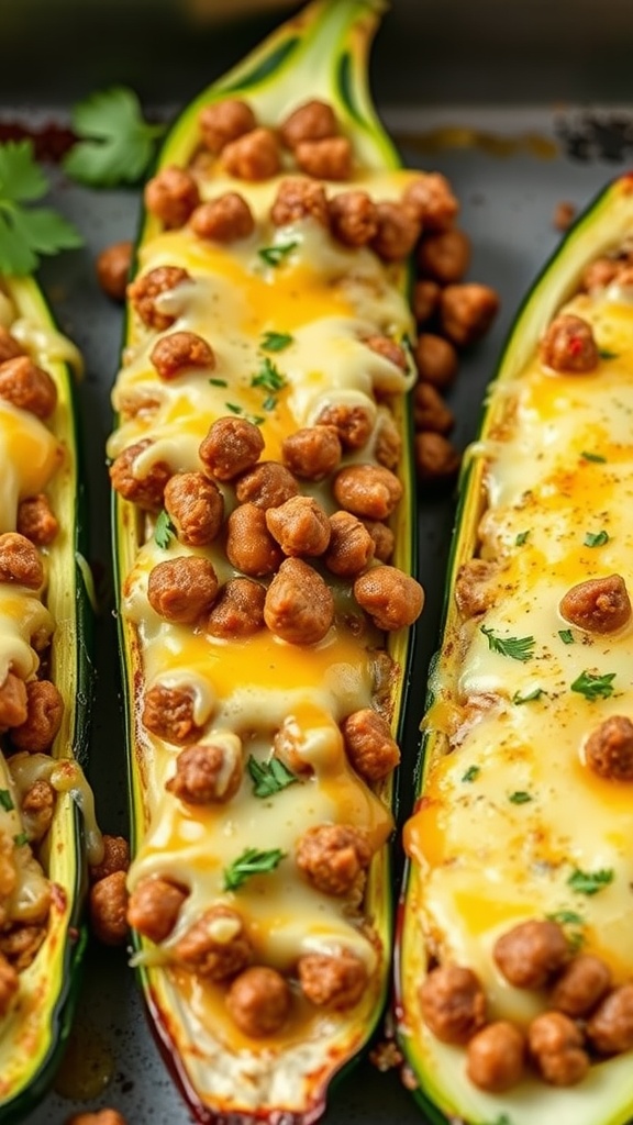 Baked Beef and Cheese Zucchini Boats topped with melted cheese and herbs.