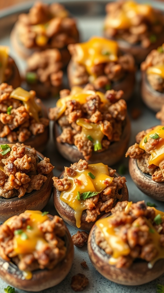 Delicious beef and cheese-stuffed mushrooms ready to be served.