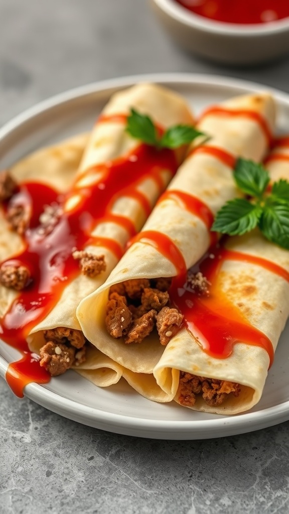 Beef and cheese crepes served on a plate with sauce drizzled on top.