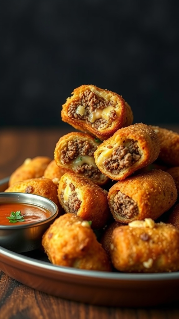 Delicious beef and cheese croquettes served with a dipping sauce