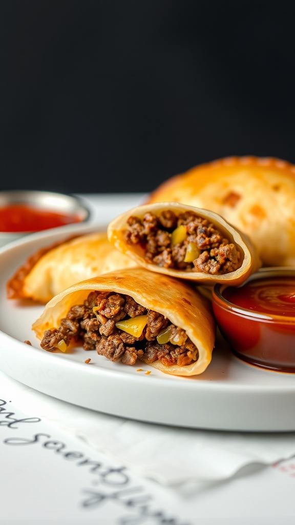 Delicious beef and cheese empanadas served on a plate with a side of dipping sauce.