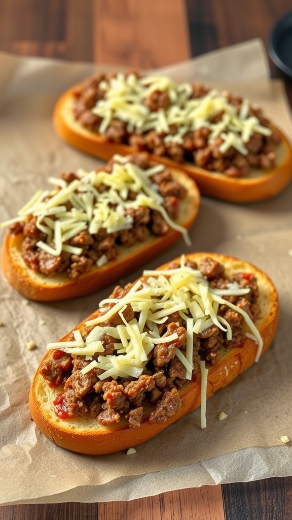 Beef and Cheese French Bread Pizza with ground beef and melted cheese on a loaf of French bread.