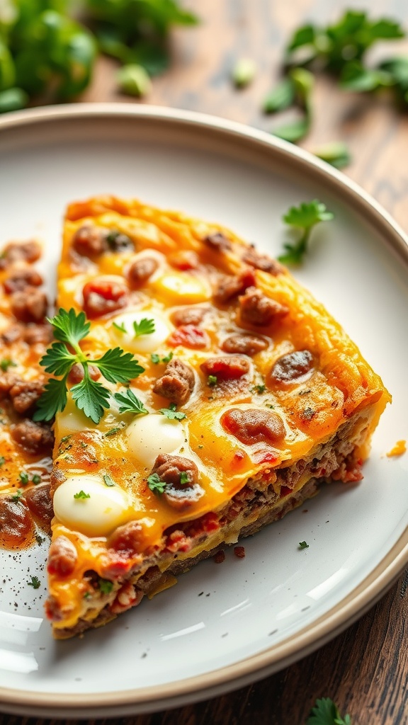 A delicious slice of beef and cheese frittata garnished with parsley.