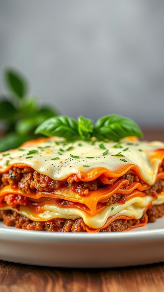 A delicious layer of beef and cheese lasagna ready to be served.