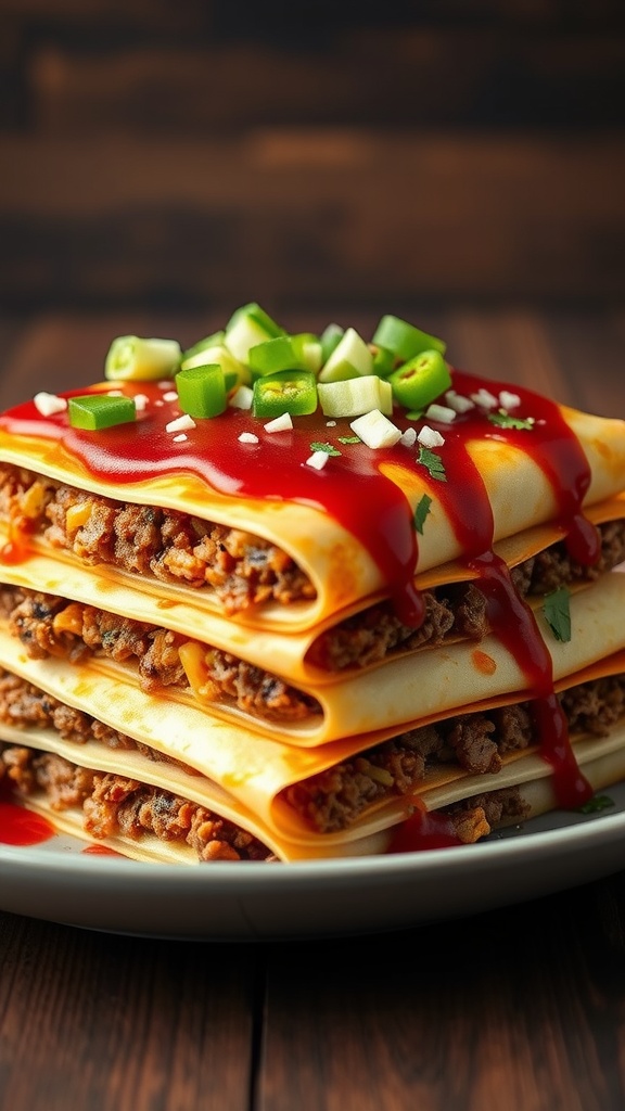 A plate of stacked enchiladas filled with ground beef and topped with cheese.