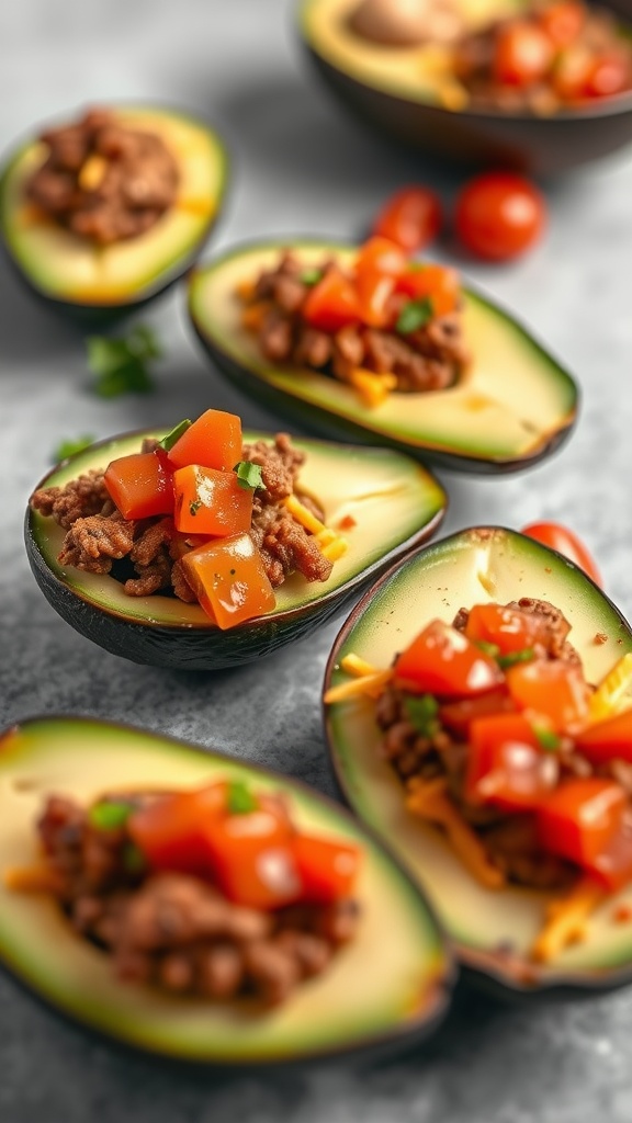 Delicious beef and cheese stuffed avocados topped with diced tomatoes and cilantro.