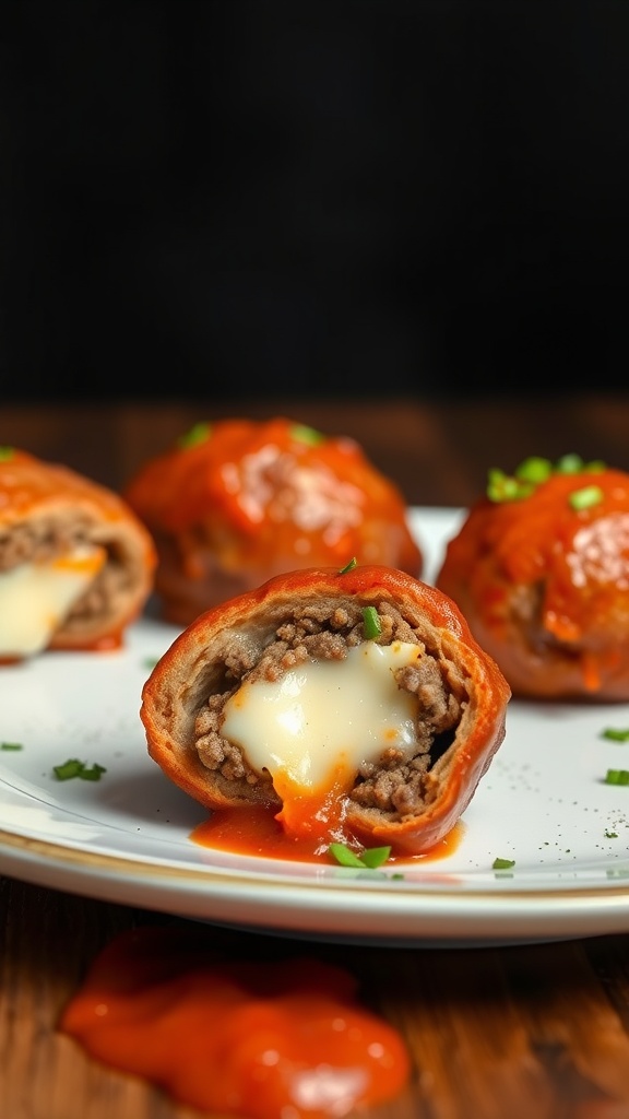 Delicious beef and cheese stuffed meatballs plated with sauce.