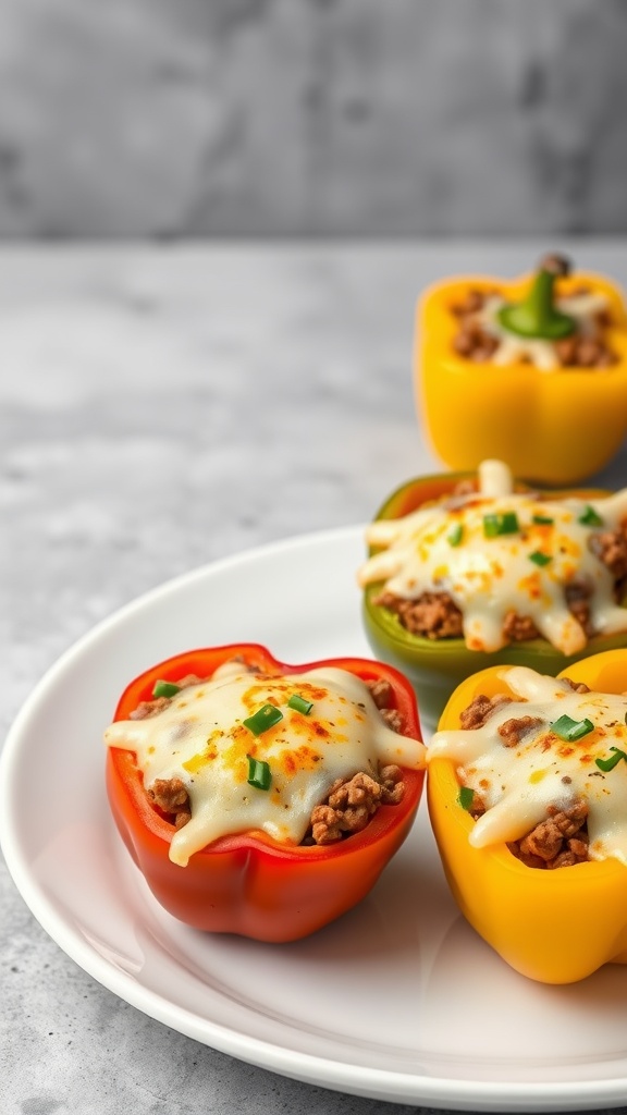 Colorful bell peppers stuffed with ground beef and cheese