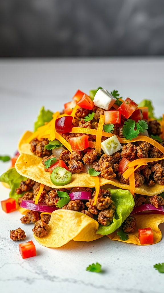 A colorful beef and cheese taco salad with lettuce, ground beef, tomatoes, cheese, and tortilla chips.