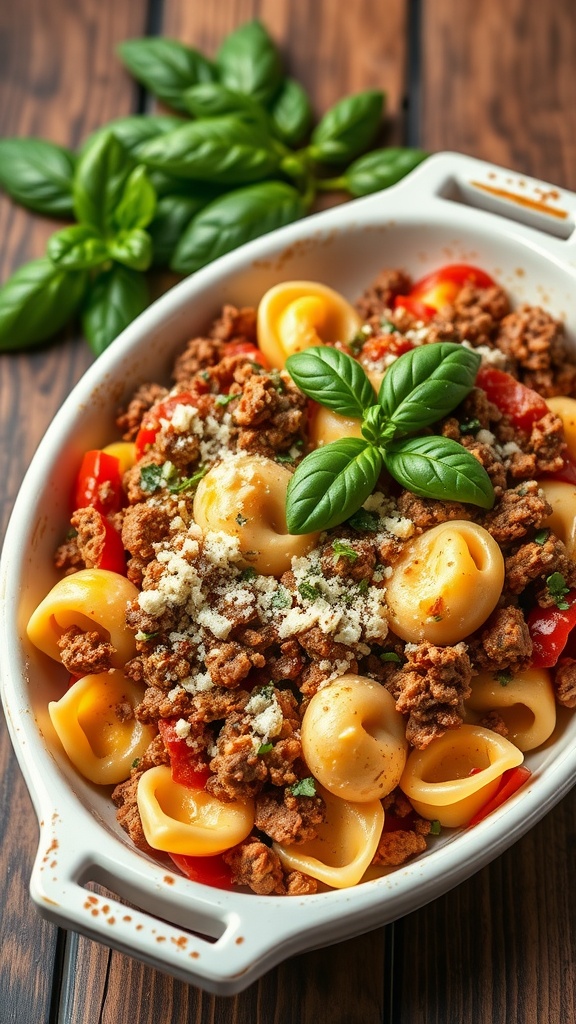 A delicious Beef and Cheese Tortellini Bake in a baking dish, garnished with fresh basil.