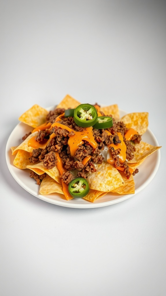 A plate of beef nachos topped with cheese sauce and jalapeños.