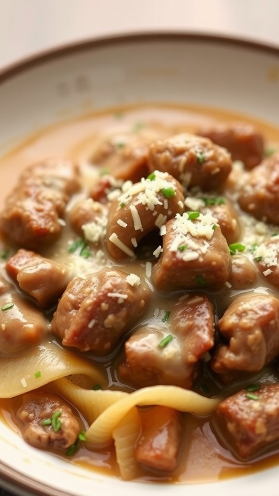 A delicious bowl of beef stroganoff with cheese, featuring tender beef, mushrooms, and a creamy sauce, served over egg noodles.