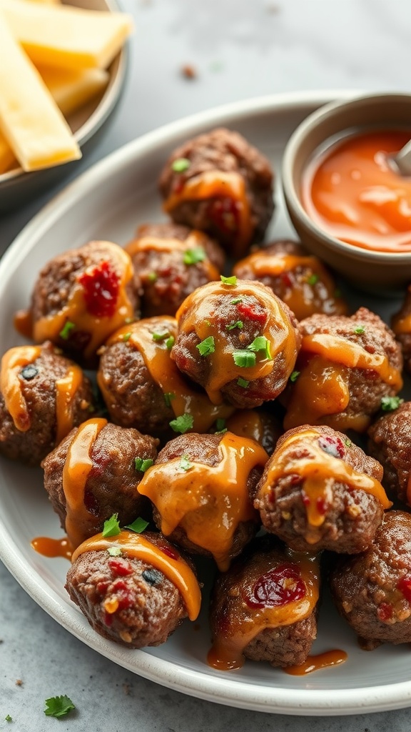 Plate of beefy cheddar meatballs drizzled with cheese sauce