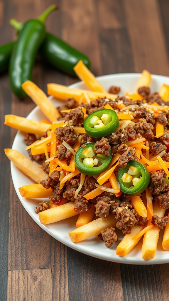 A plate of beefy cheese fries topped with ground beef, shredded cheese, and jalapeños.