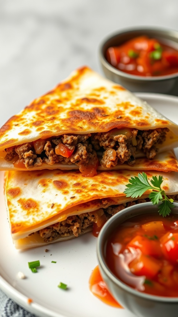 Delicious beefy cheesy quesadillas served with salsa