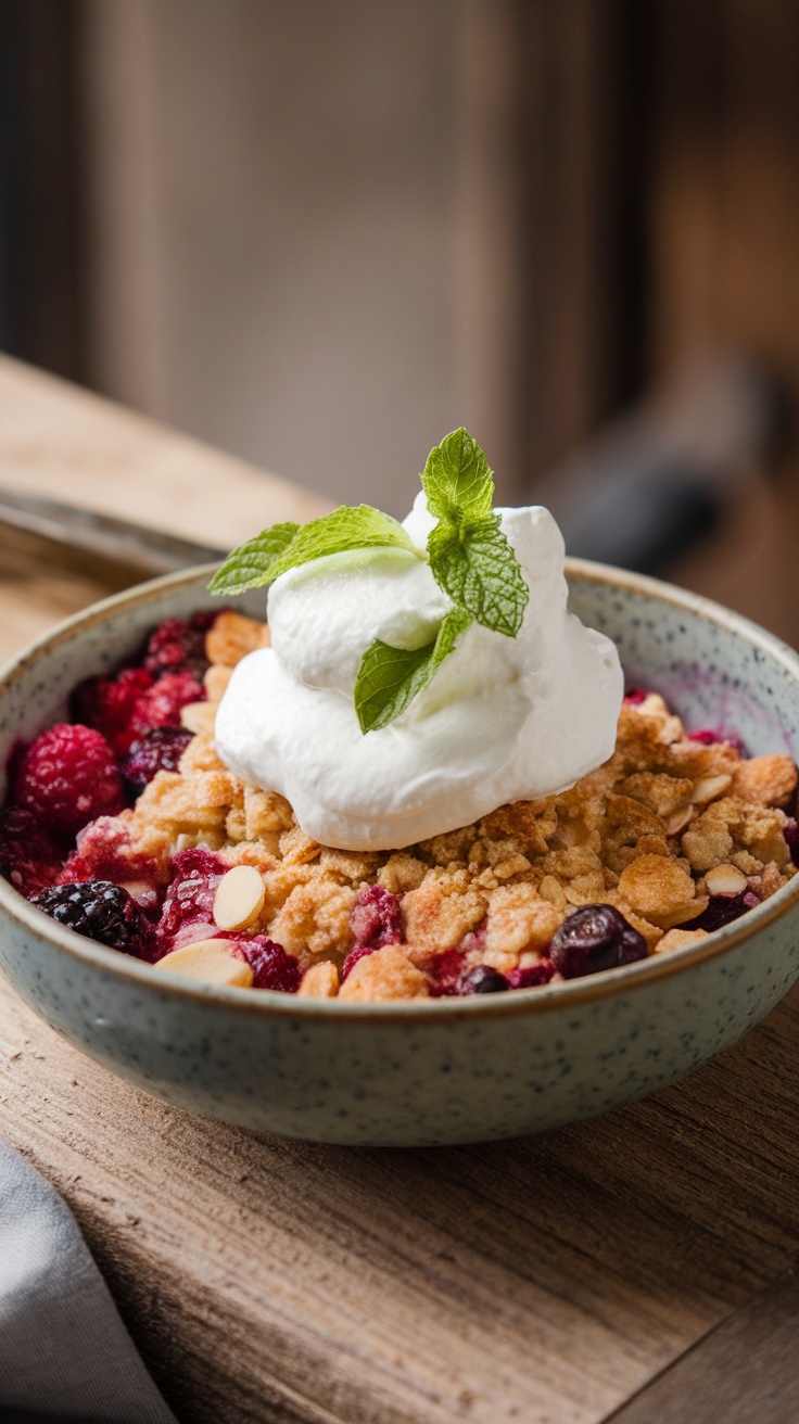 A bowl of berry almond crumble topped with whipped cream and mint