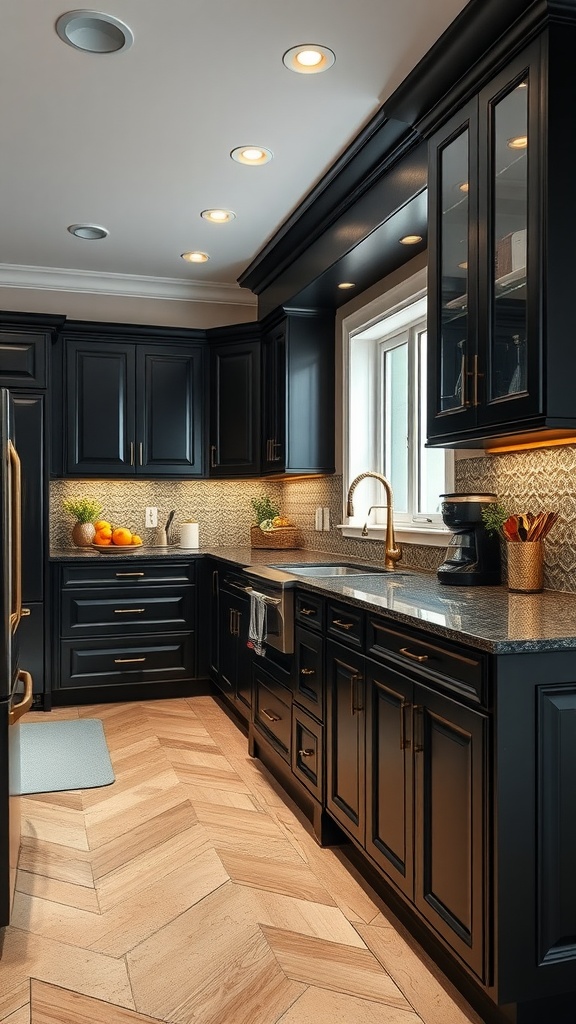 A sleek kitchen featuring black cabinets and gold accents