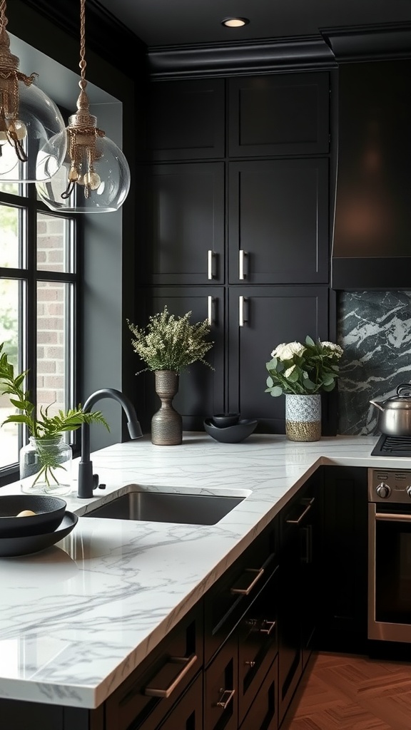 A stylish black kitchen featuring black cabinets and a marble countertop with decorative elements.