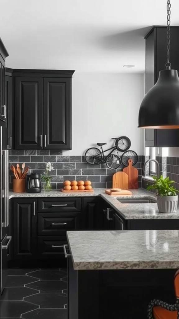 A modern kitchen featuring black cabinets, a natural stone countertop, and decorative elements.