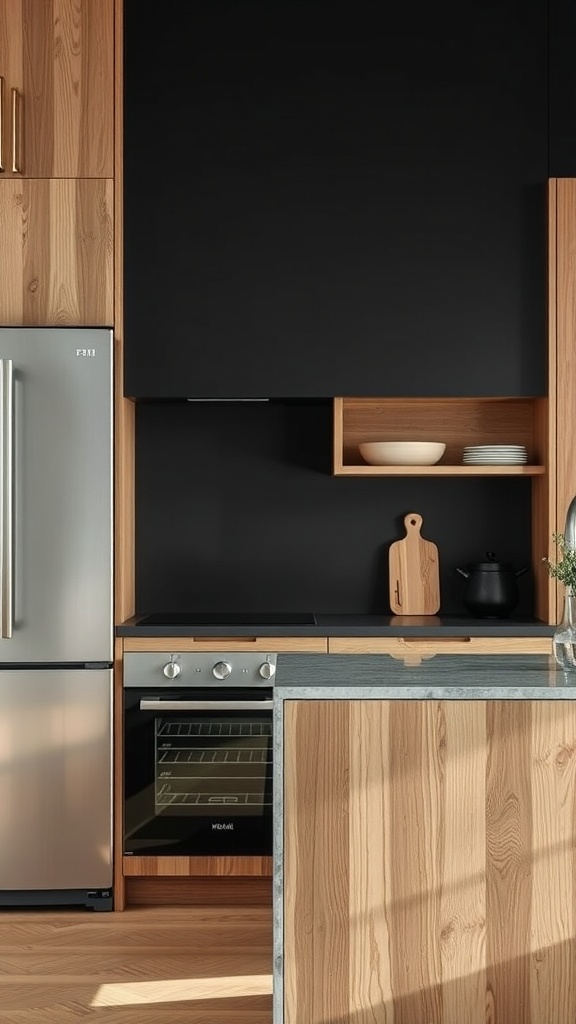 A modern kitchen featuring black cabinets and warm wooden elements