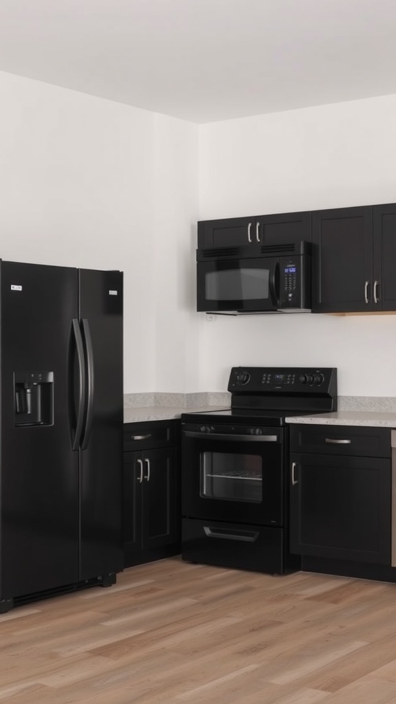 A modern kitchen featuring black appliances and cabinets.