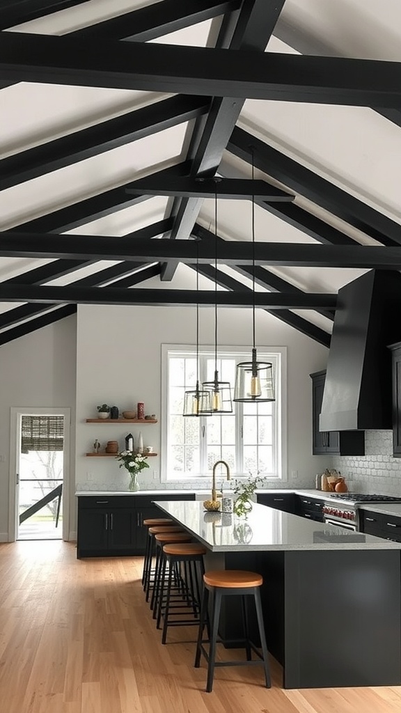 A modern kitchen featuring black ceiling beams and black kitchen cabinets.