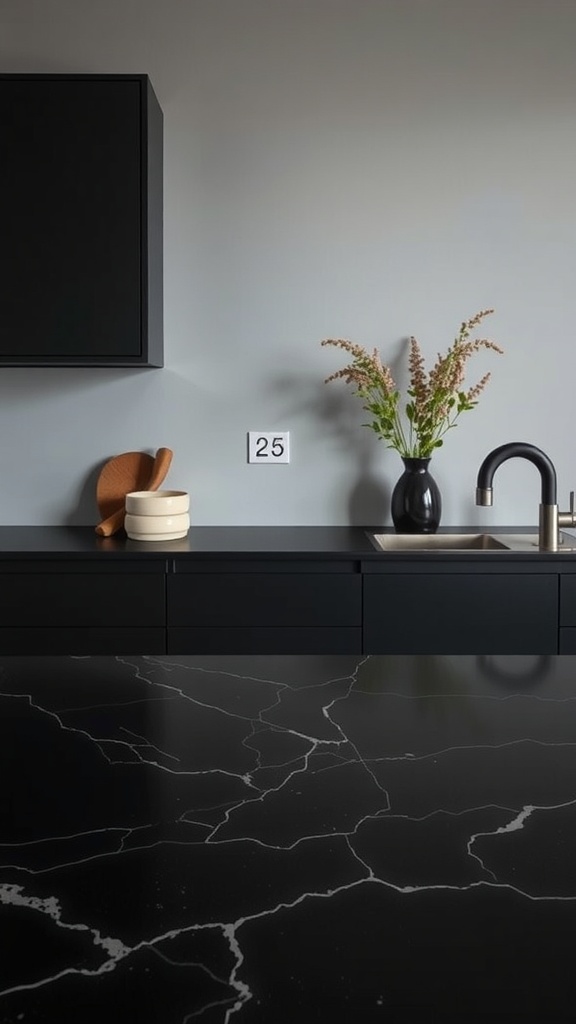 A sleek black kitchen countertop featuring subtle white patterns, complemented by black cabinets and decorative elements.