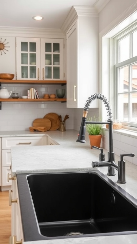 Image of a black farmhouse sink in a modern kitchen setting.