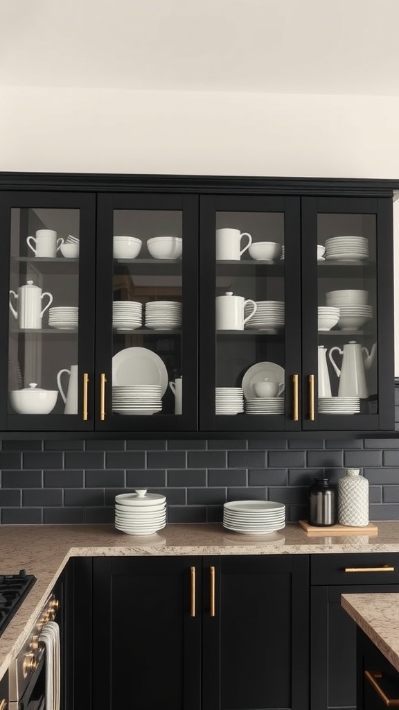 Black kitchen cabinets with glass doors showcasing white dishware.