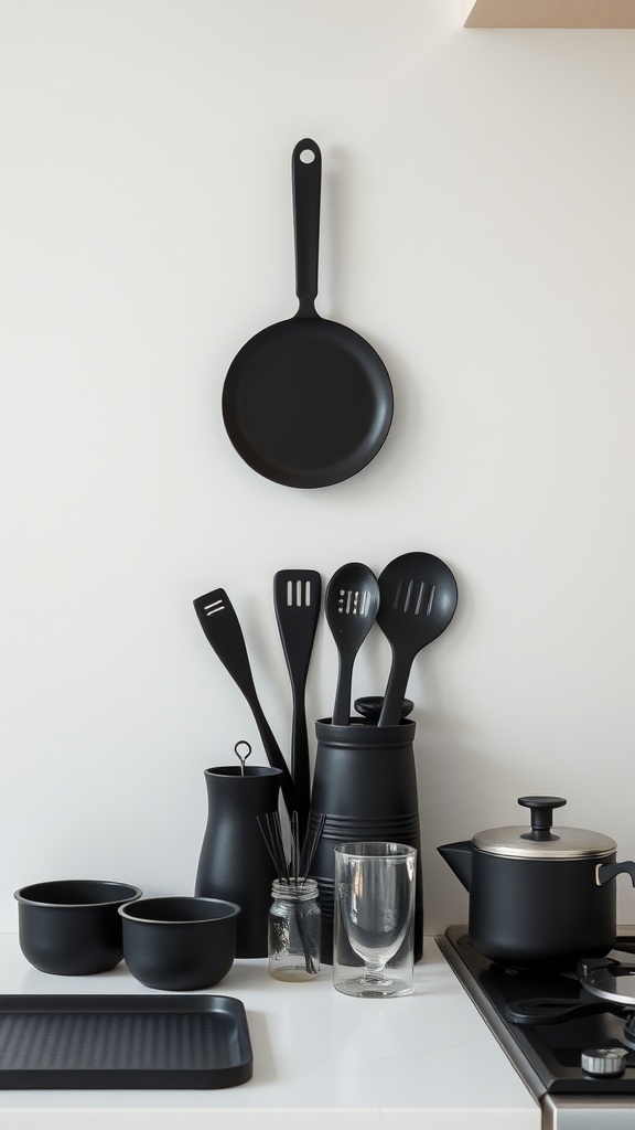 Black kitchen accessories including utensils and cookware displayed in a modern kitchen