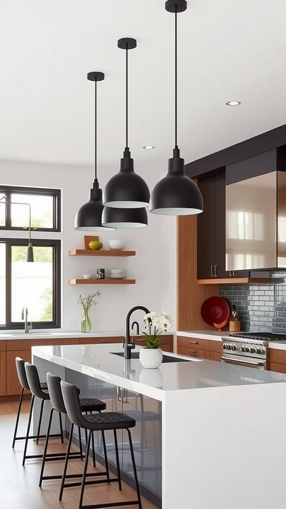 Elegant black pendant lights hanging above a kitchen island with sleek design.