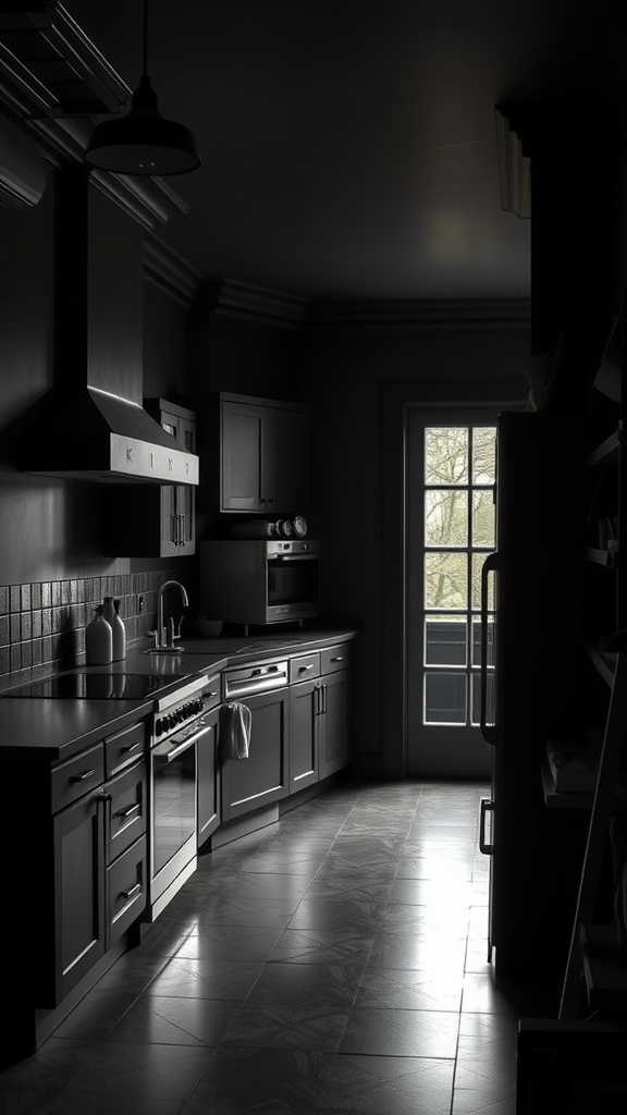 A dark kitchen with black cabinets and a bright door leading outside