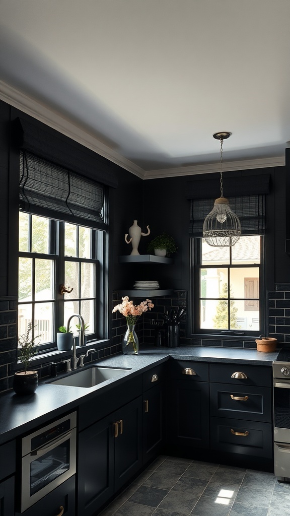 A stylish black kitchen with black window treatments and decor.