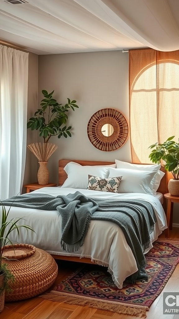 Cozy bohemian bedroom with plants and natural decor.