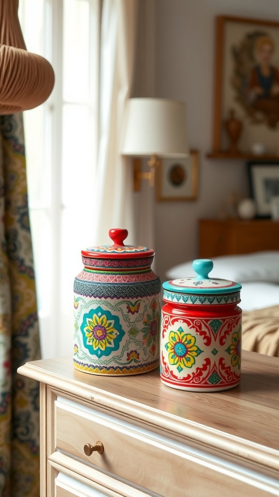 Colorful bohemian style canisters on a wooden dresser in a cozy bedroom setting.