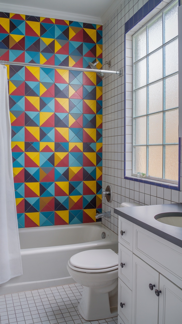 A modern bathroom featuring a colorful accent wall made of geometric tiles.