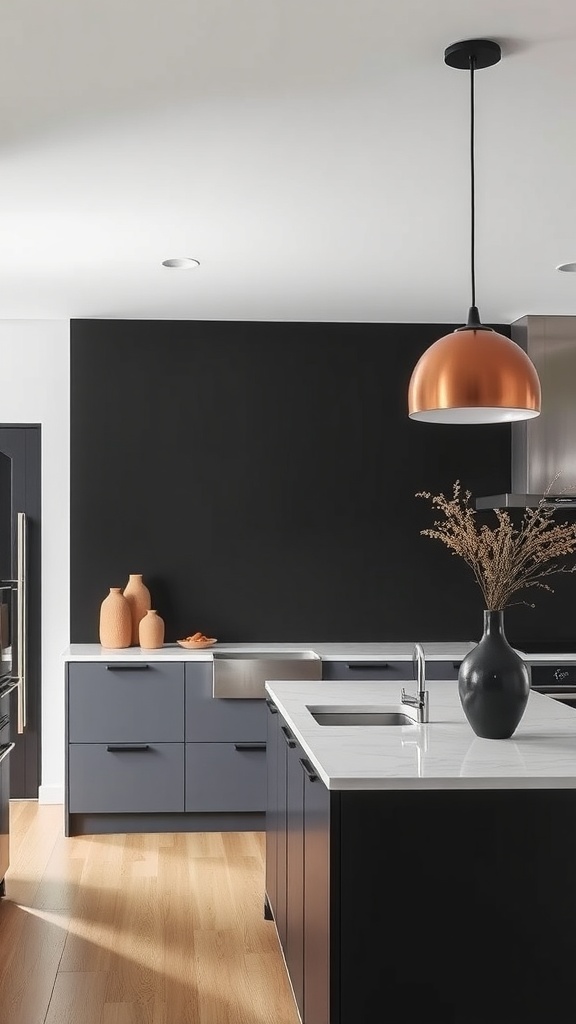 A modern black kitchen featuring a bold black accent wall and sleek cabinetry.