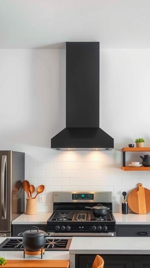 A black range hood above a modern kitchen stove with black cabinets and light countertops.