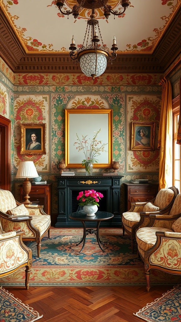 A beautifully decorated Victorian living room with bold wallpaper and elegant furniture.