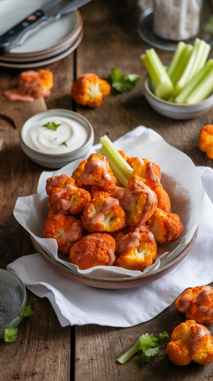 A bowl of spicy buffalo cauliflower bites served with celery sticks and ranch dressing.