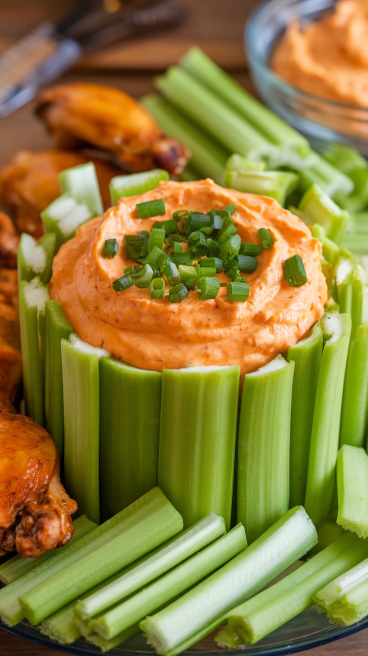 Buffalo chicken dip served in celery sticks, garnished with green onions.