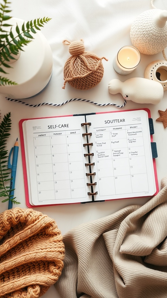 An open self-care planner with a calm ambiance, surrounded by cozy textiles and decorative items.